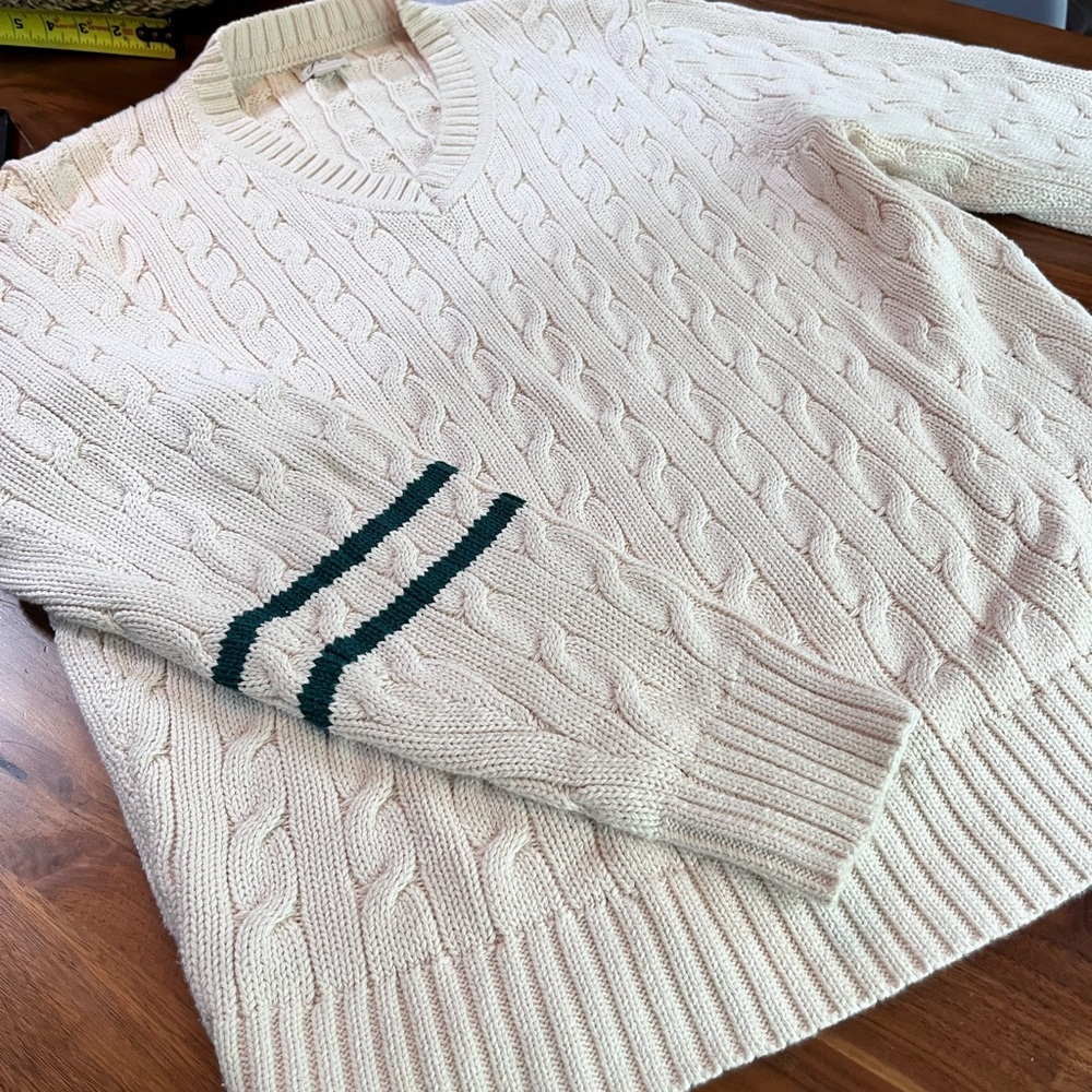 J. Crew Cream and Green V-Neck Cable Knit Sweater